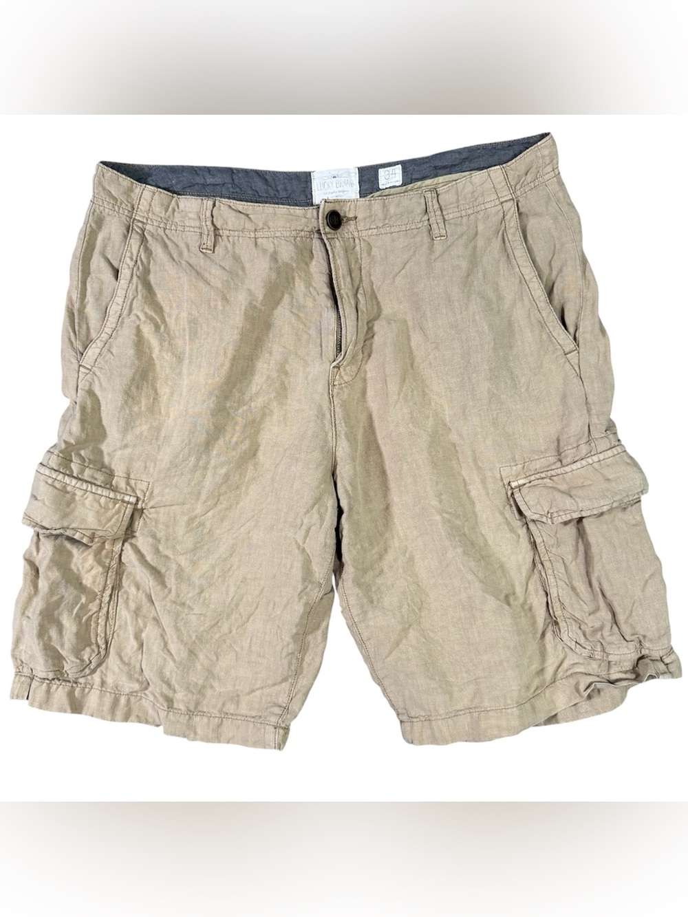 Vintage Y2K Lucky Brand Tan Khaki Cargo Shorts 100% Linen Men’s Size 34 Baggy